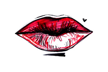 Hand drawn vector illustration - Sweet lips. Female red lips 
