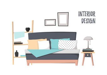 Flat vector illustration - Home interior. Cozy bedroom with bed