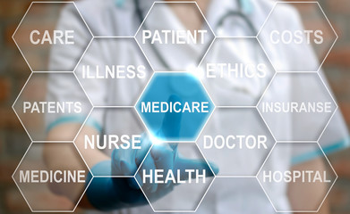 Medicine, technology and healthcare concept - doctor presses medicare icon on virtual screen. Health service. Nurse touched medical word sign. Medic words cloud tag, medicinal insurance.