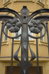 Fototapeta na wymiar Details, structure and ornaments of wrought iron fence with gate