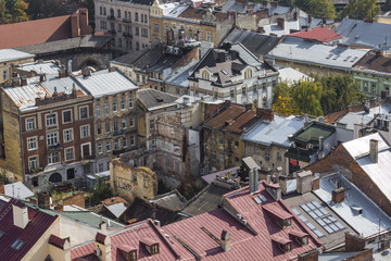 Lviv City from above. Central part of the old city of Lvov. Ukraine