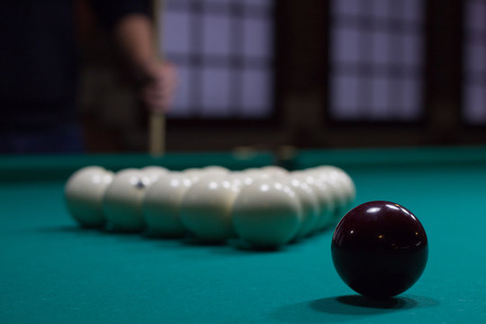 Russian billiards:  black and white balls on green table