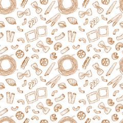 Hand drawn vector seamless pattern - Italian pasta. Different kinds of pasta