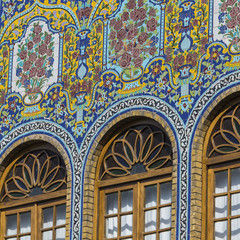 Exteriors of Golestan palace and old mosaic paintings in Teheran, Iran.