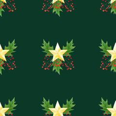 seamless background with green Christmas holly branches,berries and golden stars.original watercolor hand drawn pattern on dark green background.