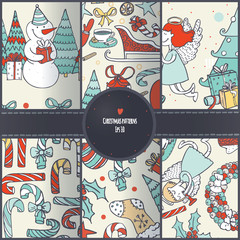 Set of seamless christmas patterns, hand drawn in doodle cute style. Flat Santa Claus, Christmas tree, angels, candy canes, wreath and other on beige background, good for wrapping paper or design