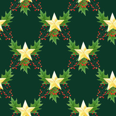watercolor seamless Christmas pattern with hand draw golden stars,holly berries and leaves on dark green background.holidays design.