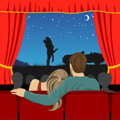 couple of lovers watching romantic movie in cinema theater
