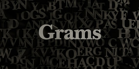 Grams - Stock image of 3D rendered metallic typeset headline illustration.  Can be used for an online banner ad or a print postcard.