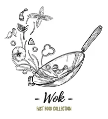 Foto op Canvas Hand drawn vector illustration - Wok. Wok pan, chinese noodles © Kate Macate