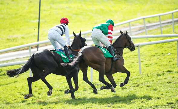 Two horses and jockeys competing for position in a race