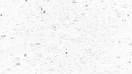 3d abstract background with random particles. Randomly generated text with digits. Dark technology or business background. Triangles, crosses and square forms of elements with different sizes.