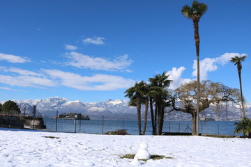 Snowy shore of Stresa at Lake Maggiore in winter, Piedmont Italy