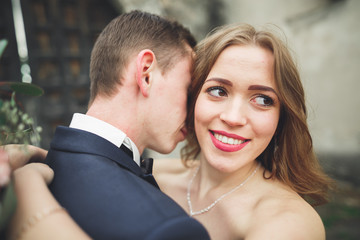 Beautiful romantic wedding couple of newlyweds hugging near old castle