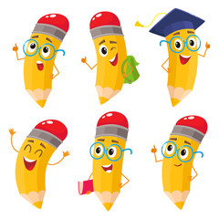 Set of happy cartoon pencils with books, backpack, glasses, graduation cap, vector illustration isolated on white background. Humanized funny pencils smiling, winking, giving okay