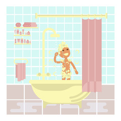 Cute young child is taking a shower on bathroom interior background. Isolated character at flat design. Vector illustration