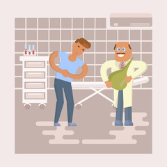Doctor with clyster and patient with a stomach ache characters concept. Comic cartoon Vector illustration