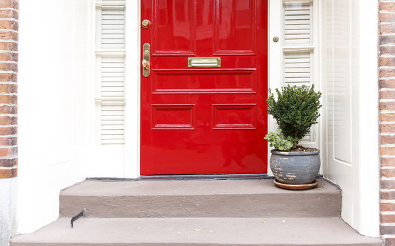 residence front entrance. sleek design. red door and potted plant on the stairs