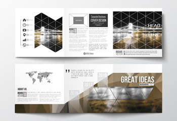 Set of tri-fold brochures, square design templates. Colorful polygonal background, blurred image, night city landscape, modern stylish triangular vector texture.