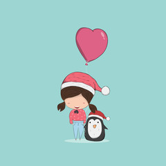 Girl with heart shaped balloon christmas character., drawing by