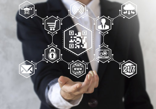 Offer qr code in hand. Business concept success internet shopping. Mobile identification sign. Line and dot code shop icon, scanning barcode. Network, team, online, finance, buy, payment, smart, iot.