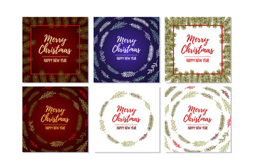 Hand drawn vector illustration - Christmas wreath with holiday design elements. Merry Christmas cards with lettering. Perfect for invitations, greeting cards, prints, flyers, posters etc