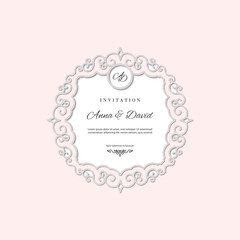 Wedding invitation card template with laser cutting filigree frame. Pastel pink and white colors.