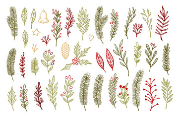 Hand sketched vector vintage elements ( laurel, frame, leaf, pointsettia)