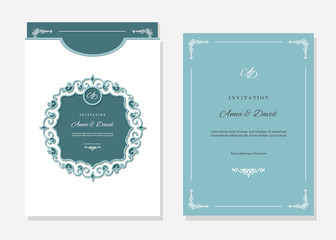 Wedding invitation card and envelope template with laser cutting filigree frame. Emerald and light blue contrast colors.