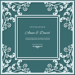 Wedding invitation card template with laser cutting filigree frame. Emerald and light blue contrast colors.