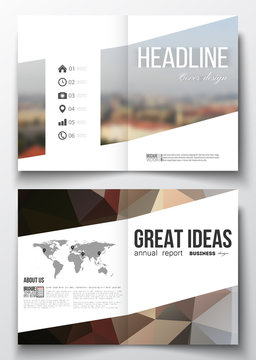 Set of business templates for brochure, magazine, flyer, booklet or annual report. Polygonal background, blurred image, urban landscape, modern triangular texture