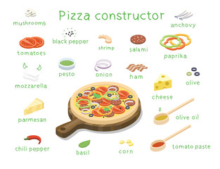 Vector isometric set of ingredients to build custom tasty pizza, 3d flat food icons, tomatoes, mushrooms, mozzarella, peppers, shrimp, salami, cheese, olives, ham, pesto. Delivery pizza service