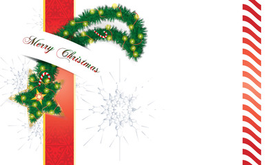 Christmas star background, made as pine tree holiday wreath with lights, ornaments and decorations.