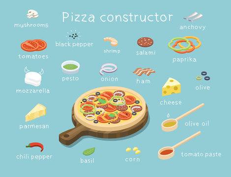 Vector isometric set of ingredients to build custom tasty pizza, 3d flat food icons, tomatoes, mushrooms, mozzarella, peppers, shrimp, salami, cheese, olives, ham, pesto. Delivery pizza service