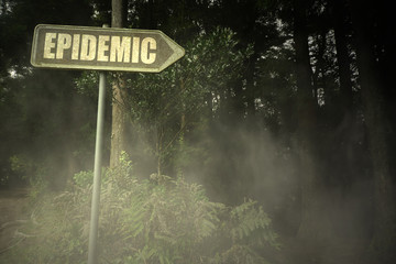old signboard with text epidemic near the sinister forest