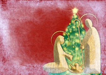 Christmas nativity religious Bethlehem crib scene, with the silhouette of Holy family of Mary, Joseph and baby Jesus in front of a decorated and lit Christmas tree. Holiday background, illustration.