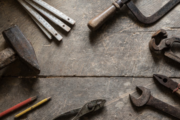 Old tools on the table, copyspace