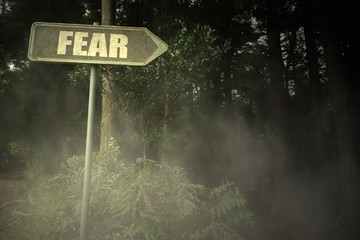 old signboard with text fear near the sinister forest