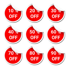Set of discount red peel off sticker (present in percent)