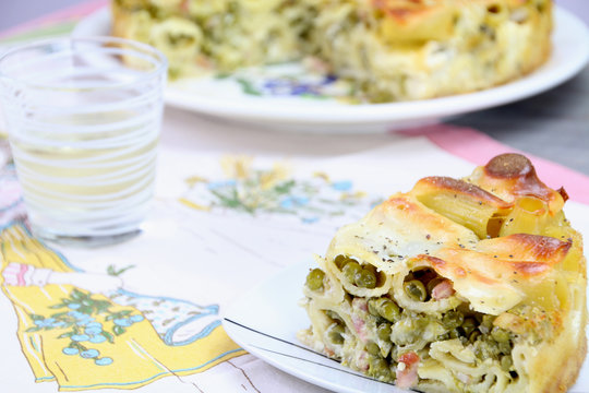 Slice of macaroni timbale.