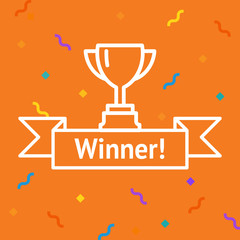 Vector cup. Thin line winner cup. Trophy cup icon. White Cup isolated on orange background. Winner cup. Victory cup icon. Trophy cup symbol. First place cup. Minimalistic hipster cup. Winner cup. 