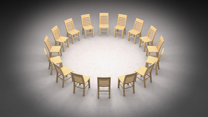 Overhead of Circular Array of Simple Wood Chairs