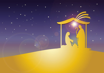 Christmas nativity religious Bethlehem crib scene, with Holy family of Mary, Joseph and baby Jesus in a starry night. Holiday background, illustration.