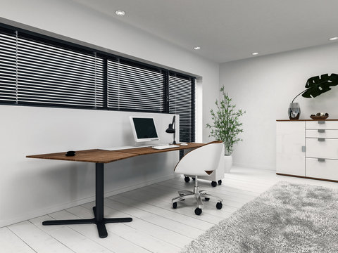 Office With Desk, Computer And Window Blinds