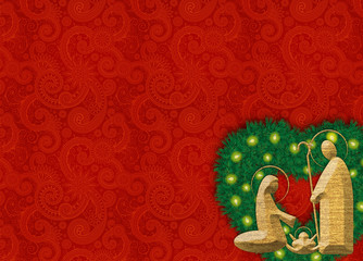 Christmas nativity scene, Holy family Mary Joseph and baby Jesus, abstract holiday illustration, with pine tree holiday wreath in shape of a heart, with poinsettia, lights and decorations.