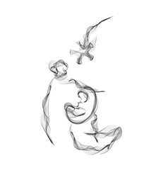 Holy family Christmas abstract religious nativity drawing, vector illustration, Mary Joseph and Jesus.