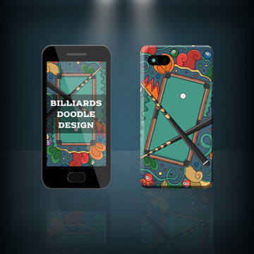 Vector realistic phone and case design of billiard, pool and snooker doodle cartoon style. Concept of corporate identity brand. Design for cover stationery.