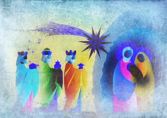 Christmas nativity religious Bethlehem crib scene, with Holy family of Mary, Joseph and baby Jesus and three wise men.holiday background, illustration.