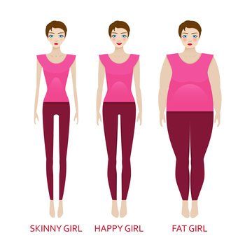 Woman in a different forms. Girl in sportrwear with excess weight, in normal shape and with underweight. Vector illustration.