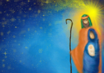 Fototapeta na wymiar Christmas religious nativity scene, Holy family abstract artistic watercolor illustration Mary Joseph and Jesus in the starry night